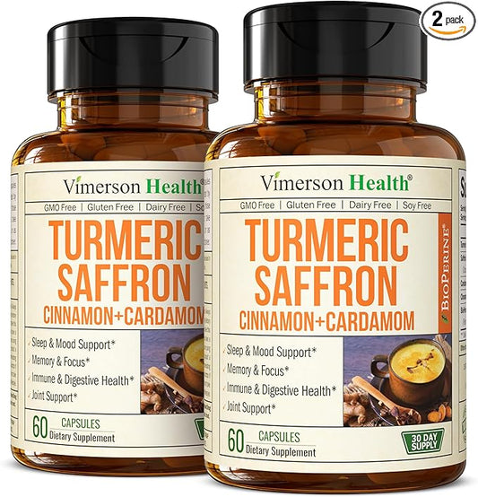Saffron Supplements - Turmeric Curcumin Supplement with Black Pepper, Saffron Extract, Cardamom and Cinnamon Pills for Mood, Memory, Eye Health. Joint Supplements for Women & Men. 120 Capsules 2 Pack