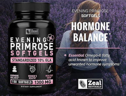 Evening Primrose Oil Capsules (150 Liquid Softgels | 1300mg) Premium Evening Primrose Oil – Natural-Sourced Hormone Support Supplement for Women - Cold Pressed w. 10% GLA