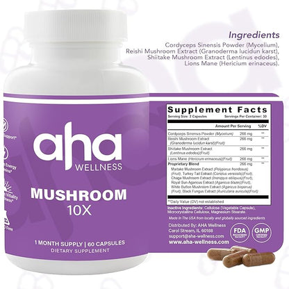 10X Mushroom Supplement, 10 Mushroom Blends Formula, Lions Mane, Turkey Tail, Cordyceps, Reishi, Chaga & More, Immune & Energy Support, 30 Servings, GMO Free