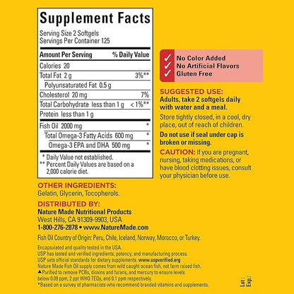 Nature Made Fish Oil Omega 3 Supplements, 1000mg Softgels, Omega 3 Fish Oil for Healthy Heart Support, 250 Softgels, 125 Day Supply