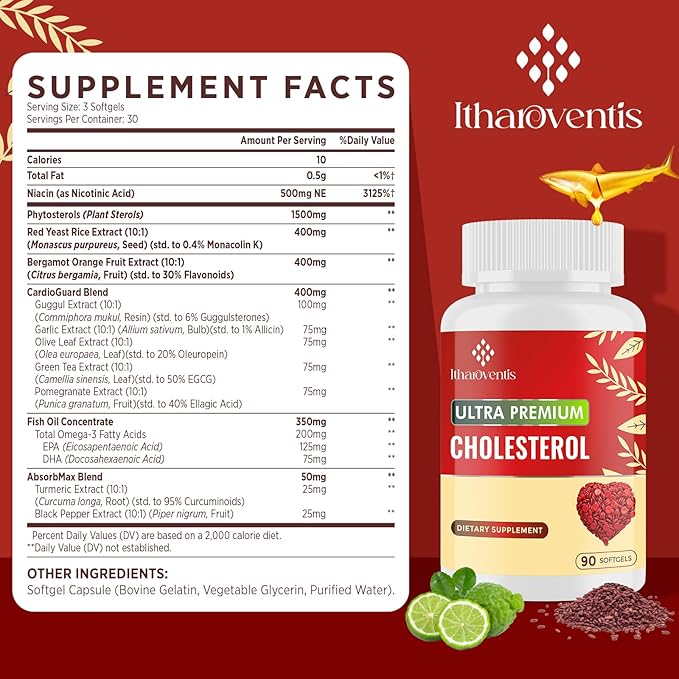 Cholesterol Supplements with Plant Sterols, Niacin, Red Yeast Rice, Bergamot, Omega-3 & Garlic - Max Absorption - 360 Softgels