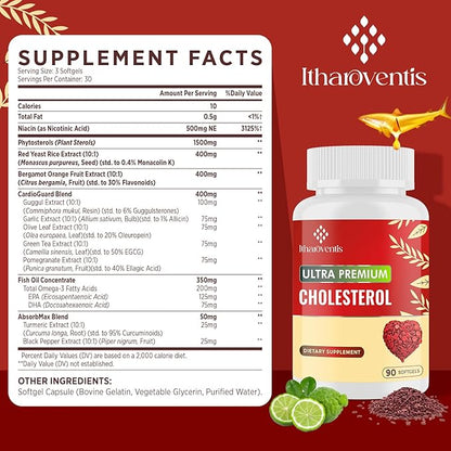 Cholesterol Supplements with Plant Sterols, Niacin, Red Yeast Rice, Bergamot, Omega-3 & Garlic - Max Absorption - 360 Softgels