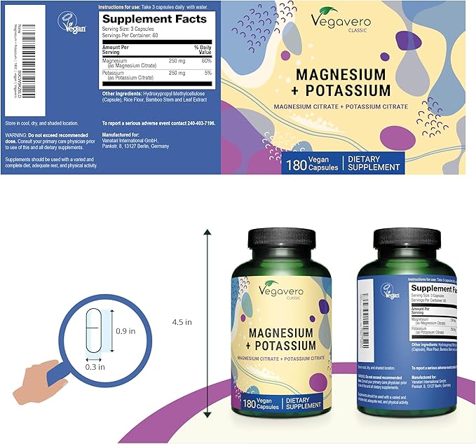 Potassium (250 mg) Magnesium (250 mg) Citrates | Highly Bioavailable Supplement | Blood Pressure, Nervous System, Nerve Support* | Lab-Tested, NO Artificial Additives | 180 Capsules | Vegan