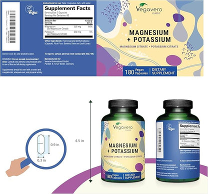 Potassium (250 mg) Magnesium (250 mg) Citrates | Highly Bioavailable Supplement | Blood Pressure, Nervous System, Nerve Support* | Lab-Tested, NO Artificial Additives | 180 Capsules | Vegan