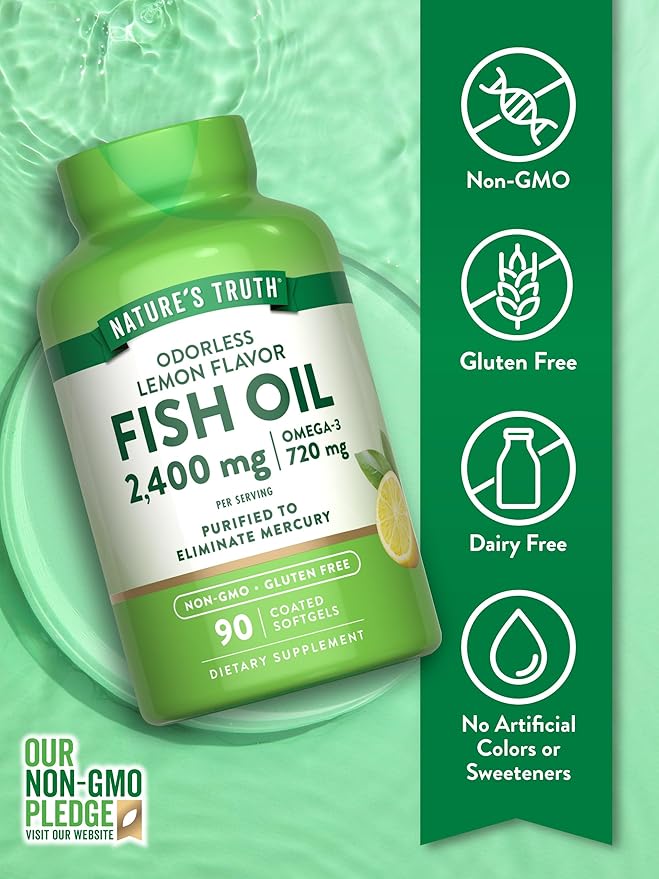 Nature's Truth Fish Oil Omega 3 Supplement | 2400mg | 90 Softgels | Lemon Flavor | Odorless | Non-GMO & Gluten Free