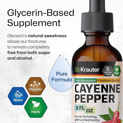BIO KRAUTER Cayenne Pepper Drops - Liquid Cayenne Pepper Supplements - Natural Capsaicin Extract for Digestive Support - Pure Formula - Vegan Sugar & Alcohol Free - 2 Fl. Oz.