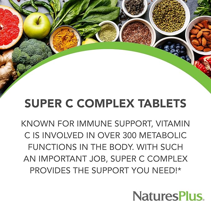 Natures Plus Super C Complex - 1000 mg Ascorbic Acid, 90 Vegetarian Capsules - High Potency Vitamin C Supplement, Antioxidant - Gluten-Free - 45 Servings