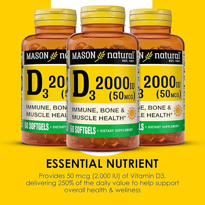 MASON NATURAL Vitamin D3 2,000 IU Ultra Strength, Supports Bone Density, Strength & Immune Health, 60 Softgels, Pack of 3