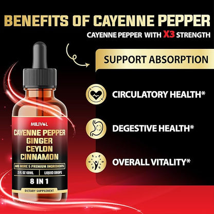 8in1 Cayenne Pepper Liquid Drops with Ginger, Ceylon Cinnamon and 5 More Herbals - Digestion, Circulatory Heath Support - 2 Fl Oz for 2 Months
