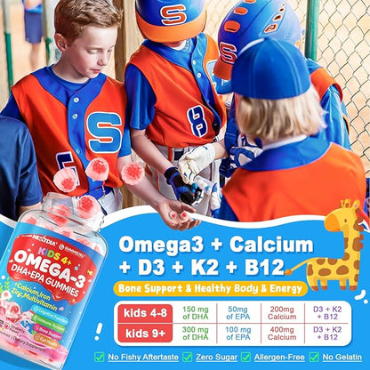 Omega 3 Gummies (EPA/DHA) for Kids 4+, Kids Multivitamin A B1 B2 B12 C D3 K2, Calcium, Iron, Zinc, Selenium, lodine for Brain Cognition, Eye, Bone, Energy, Immune, No Fish Taste, Sugar Free