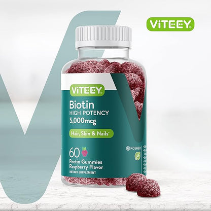 Biotin Gummies for Hair Skin Nails 5,000mcg - Hair Growth Gummies, Healthy Skin Glow, Strong Healthy Nail Growth - Vegan, Gluten Free, Gelatin Free, GMO Free - Tasty Chewable Raspberry Flavor