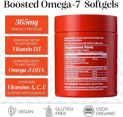 sibu Omega-7 Plus Softgels (60ct, 30 Day Supply) – Blend of Sea Buckthorn Oil and Plant-Based Vitamin D3 & Omega-3 DHA