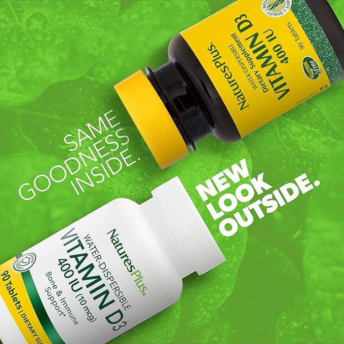 NaturesPlus Vitamin D3 (Cholecalciferol) - 400 iu, 90 Vegetarian Tablets - Bone Health, Heart Health & Immune System Support, Water Soluble for Maximum Absorption - Gluten-Free - 90 Servings