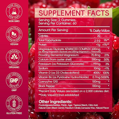 Magnesium Glycinate Gummies 600mg, Sugar Free Magnesium Gummies for Adults with L-Threonate, Chewable Potassium Supplements for Sleep, Body Support and Relaxation, 2 Pack