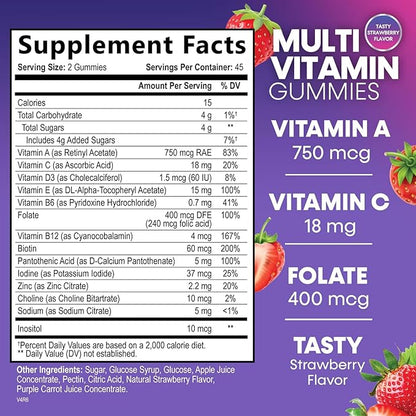 Multivitamin Gummies for Adults, Daily Gummy Vitamin for Women & Men, Immune Support Gummy Multivitamins Supplement, Adult Multi Vit Vitamin with Vitamins A, C, D, E, B-6, B-12, Zinc - 90 Gummies
