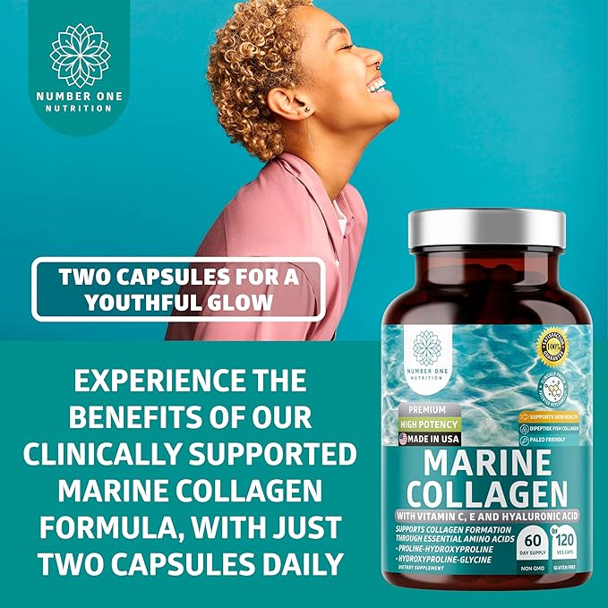Premium Marine Collagen Dipeptides with Hyaluronic Acid, Vitamin C, Theaflavin and Copper, Collagen Supplement for Women and Men for Radiant Skin, Hair & Nails, Gluten Free and Non-GMO, 120 Veg Caps
