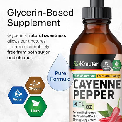 BIO KRAUTER Cayenne Pepper Extract Liquid - Pure Capsaicin Extract - Liquid Cayenne Pepper Drops for Digestive Support - Sugar & Alcohol Free 4 Fl.Oz.