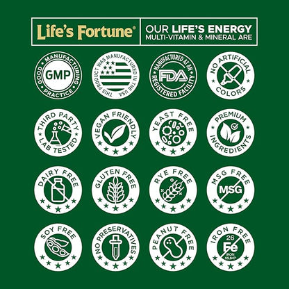 Life's Fortune Life's Energy Advanced Multi-Vitamin and Mineral for Men & Women, Non-GMO - Super Greens - ORAC Berries - AntiOxidants - Enzymes - Iron Free - GMP Tested, 60 Veggie Tablets