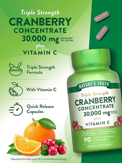 Nature's Truth Cranberry Concentrate Pills 30,000mg | Plus Vitamin C | Triple Strength Support Capsules | Non-GMO & Gluten Free Supplement