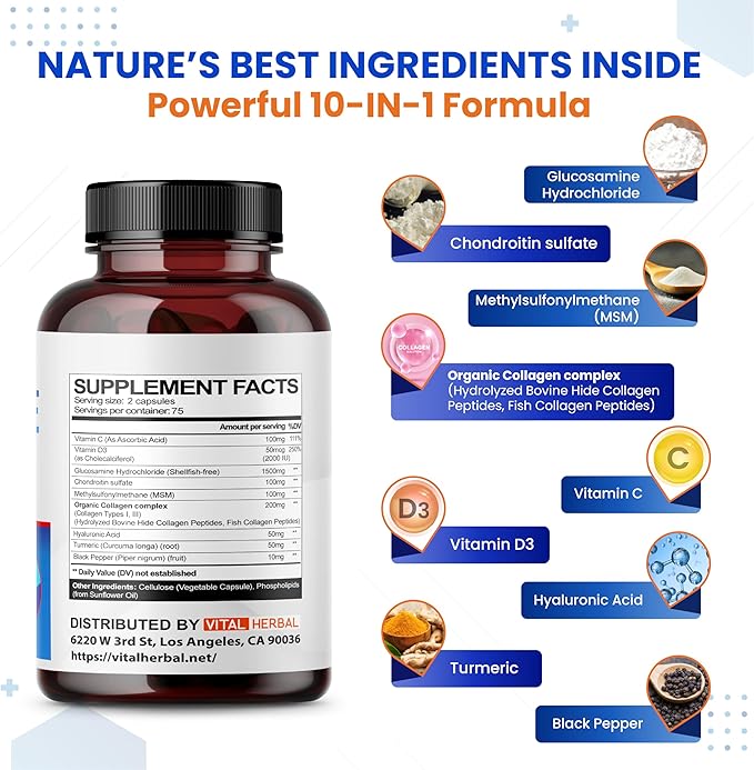 VITAL HERBAL Liposomal Glucosamine with Chondroitin, MSM- Maximum Potency- Support Joints, Cartilage- Made in The USA