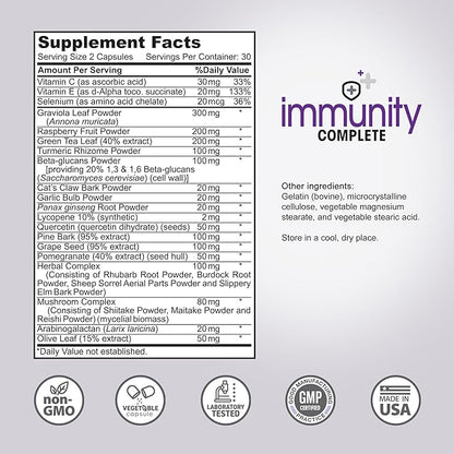Immunity Complete - 20-in-1 Immune System Booster Formula with Cat's Claw, Quercetin, Vitamin C, and Olive Leaf Extract 60ct