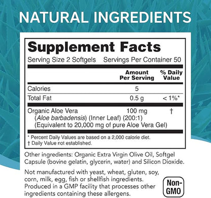 Aloe Vera Supplement (100 Softgels) 20,000mg Pure Gel Equivalency – Made with Organic Aloe Vera