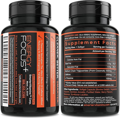 SmarterVitamins (3-Pack 200mg Caffeine Pills with 100mg L-Theanine + Coconut MCT Oil, Energy and Focus, Extended Release Capsule, 150 Liquid Softgels