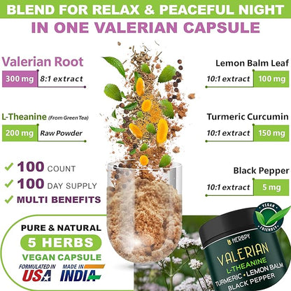 5in1 Valerian Root Capsules Plus L-Theanine, Lemon Balm, Turmeric and Black Pepper for Relaxation, Restful Night, Digestion & Immune Support - 100 Count