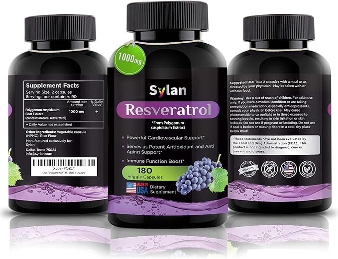 SYLAN Trans Resveratrol Supplement, 1000mg, 180 Veggie Capsules, Antioxidant, Supports Heart, Joint, Brain, Immune Health & Anti-Aging, Non-GMO, Made in USA, Resveratrol 500mg Powder per Capsul