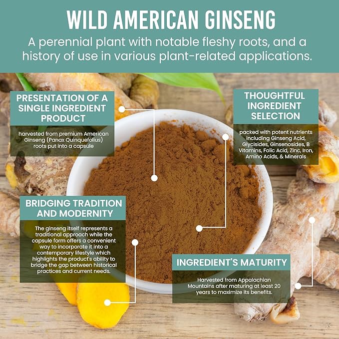 Holistic Bin Wild American Ginseng Capsules Pure Organic Ginseng Supplement Made with Wild Harvested 20+ Year Old Roots from Appalachia (Panax Quinquefolius) | No Fillers (40 Capsules)