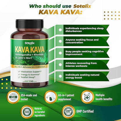 Sotalix Kava Kava Supplement with Ashwagandha Rhodiola St. John's Wort for Mood, Energy & Calming Support - USA Made & Tested (150 Count (Pack of 1))