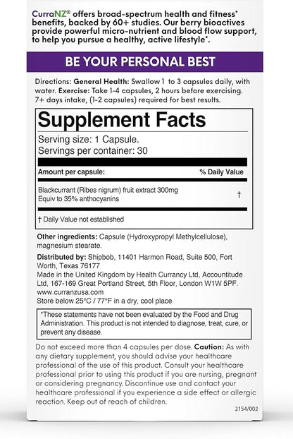 New Zealand Blackcurrant Extract Sports Nutrition Capsules | Muscle Recovery | Endurance Performance | Pre or Post Workout Supplement | Vegan & Caffeine Free (30 Capsules)