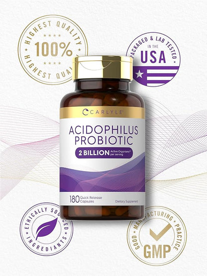 Carlyle Acidophilus Probiotic for Women & Men's Digestive Health | 2 Billion CFU | 180 Quick Release Capsules | Non-GMO & Gluten Free