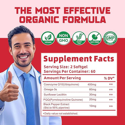 CoQ10-400mg-Softgels with PQQ, BioPerine & Omega-3, Coenzyme Q10(Ubiquinone) Supplement for High-Absorption, Powerful-Antioxidant, Support Heart & Energy-Production, 120 Servings