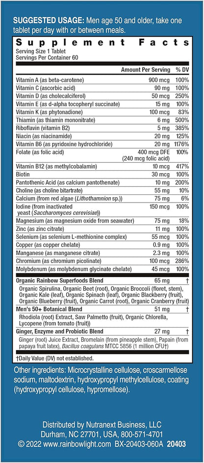 Rainbow Light Multivitamin for Men 50+, Vitamin C, D & Zinc, Probiotics, Men's One 50+ Multivitamin Provides High Potency Immune Support, Non-GMO, Vegetarian, 60 Tablets