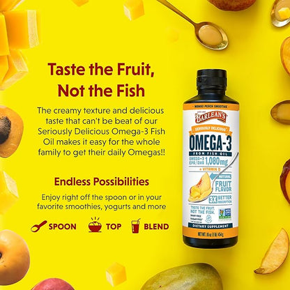 Barlean's Mango Peach Omega 3 Fish Oil Liquid Supplement with Vitamin D, 1080mg EPA & DHA Fatty Acid, Smoothie Flavored & Burpless for Brain, Joint, & Heart Health, 16 oz