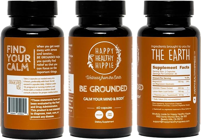 Happy Healthy Hippie Be Grounded Stress Relief Supplement – Lavender Pills | Promotes Calmness & Relaxation | Quick Acting | Magnesium Glycinate 100mg, L Theanine, Lemon Balm Leaf, | Herbal, 60 Ct