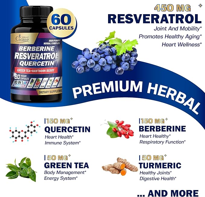 Organic Cadane Resveratrol Supplement - 10in1 Plus with Quercetin, Berberine, Green Tea, Grape Seed, Hawthorn Berry, Turmeric, Rhodiola Rosea, Ginkgo Biloba, and Black Pepper - 60 Capsules