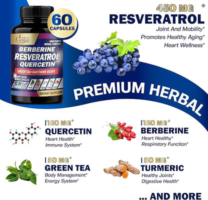 Organic Cadane Resveratrol Supplement - 10in1 Plus with Quercetin, Berberine, Green Tea, Grape Seed, Hawthorn Berry, Turmeric, Rhodiola Rosea, Ginkgo Biloba, and Black Pepper - 60 Capsules