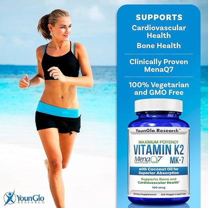 Vitamin K2 MK7 (MenaQ7) 100 mcg w/Coconut Oil for Superior Absorption, Dietary Health Supplement, 120 Vegan Liquid Capsules to Support Bone Strength & Density for Adults Women & Men