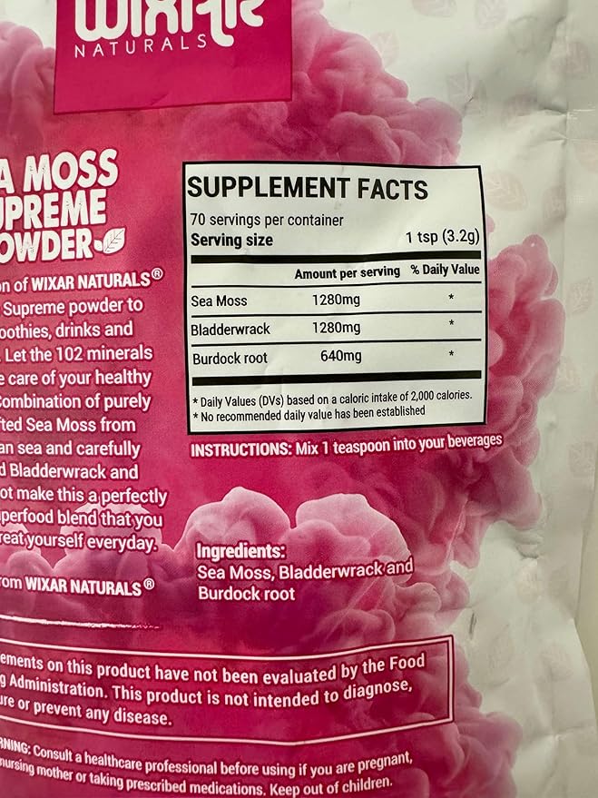 Wixar Wildcrafted Sea Moss Powder – (8 Ounces) – Natural Irish Sea Moss and Bladderwrack with Burdock Powder - Thyroid Support, Healthy Skin, Keto Detox, Joint Support Alkaline Supplements