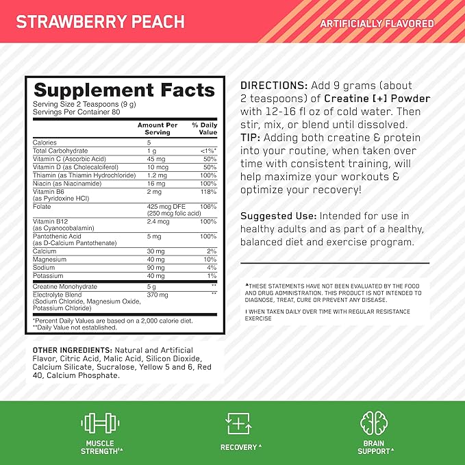 Optimum Nutrition Creatine Monohydrate Plus Powder, Strawberry Peach Flavored Creatine Performance Blend, with Electrolytes for Hydration, Added Vitamins, 80 Servings, 720 Grams (Packaging May Vary)