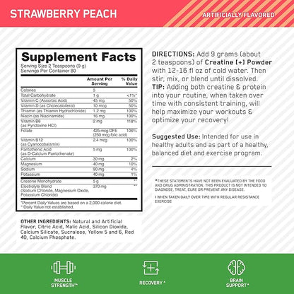 Optimum Nutrition Creatine Monohydrate Plus Powder, Strawberry Peach Flavored Creatine Performance Blend, with Electrolytes for Hydration, Added Vitamins, 80 Servings, 720 Grams (Packaging May Vary)
