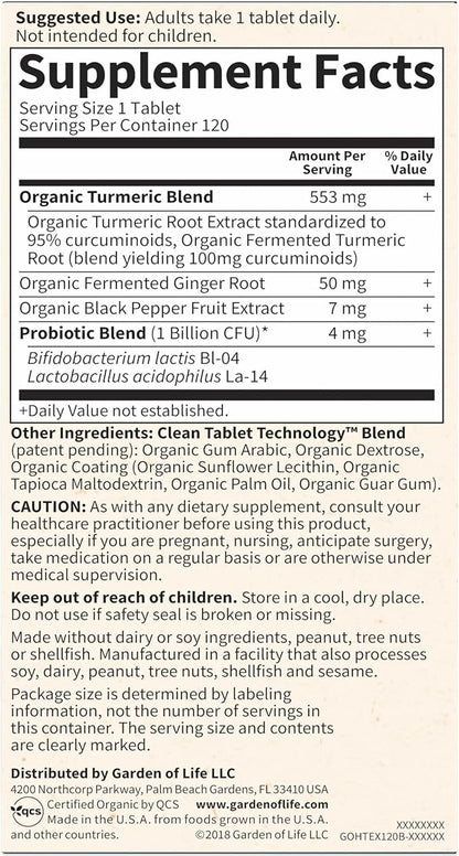Garden of Life Organics Extra Strength Turmeric Inflammatory Response 120 Tablets-100Mg Curcumin (95% Curcuminoids) Black Pepper, Probiotics, Organic Non-GMO Vegan Gluten Free Herbal Supplement