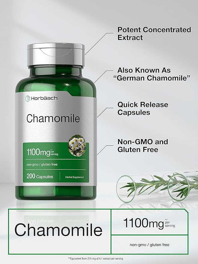 Horbäach Chamomile Flower Extract | 200 Pills | 1100mg Capsules | Non-GMO, Gluten Free Supplement
