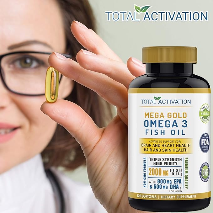 Omega 3 Burpless Max Strength Fish Oil Supplement, Dr. Formula 2000 mg with Vitamin E, 800 mg EPA 600 mg DHA Ultimate Brain, Hair Support Men & Women, Non-GMO 120 Small Liquid Rapid Release Softgels
