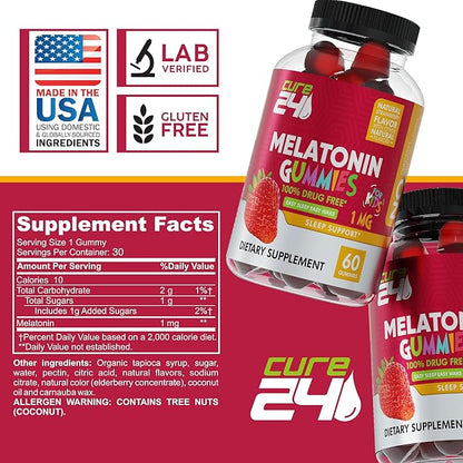 Kids Melatonin Gummy, Effective 1MG Sleep Gummies Supplement for Children 3+, Drug-Free, Natural Fruity Strawberry Flavor, Made in USA