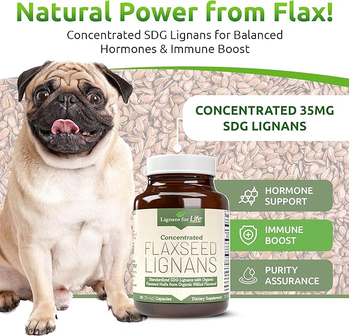 Lignans For Life Flaxseed Lignans for Dogs + SDG - Omega 3 Fatty Acids, High Fiber Antioxidants Helps Improve Shiny Coat, Digestive & Heart Health Lignans, 35mg, 90 Flaxseed Capsules, 2 Pack
