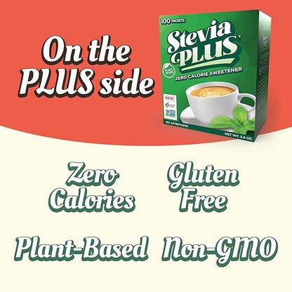 SweetLeaf Stevia Plus Powder Packets- Zero Calorie Sweetener with Stevia Leaf Extract, No Artificial Sweetener Additive, Sugar Free, Keto Friendly, Non GMO, Gluten Free- 100 Count (Pack of 1)