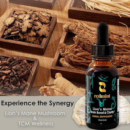 Redmint Lion's Mane Mushroom Herbal Tincture - Brain Boost & Clarity | Organic Immune Support Mushroom Supplement Rooted in Ancient TCM Wisdom for Focus, Memory Health & Wellness | 1 fl oz